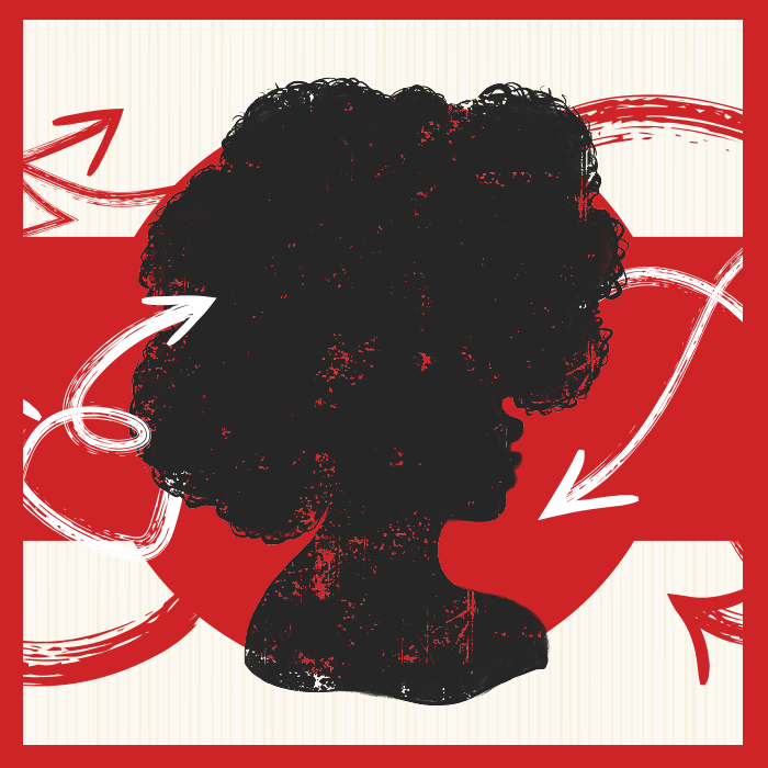 A silhouetted image of a female identified woman with large afro-style hair. Red and white images of arrows are swirling around the silhouette.