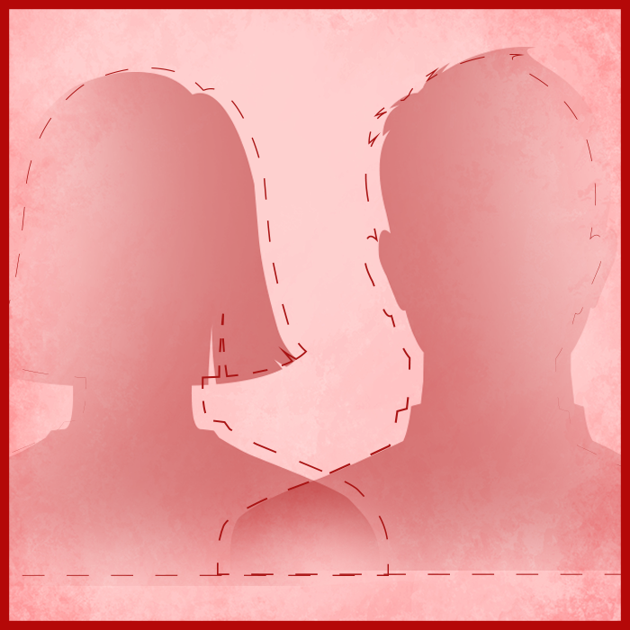 Una ilustración de dos siluetas, una femenina identificada y otra masculina identificada. Ambas siluetas tienen líneas punteadas a su alrededor y una neblina roja que las cubre.