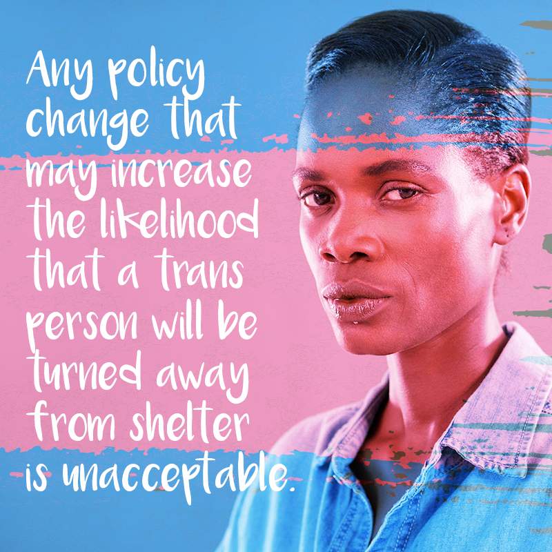 An image of a person of color looking forward. The trans flag colors cover the image along with the words "Any policy change that may increase the likelihood that a trans person will be turned away from shelter is unacceptable."
