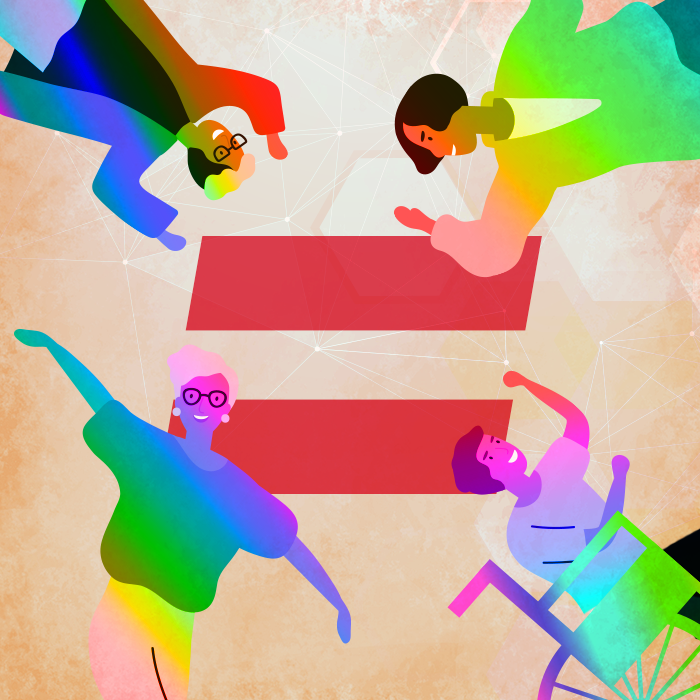 Ilustración de cuatro personas bailando alrededor de un signo de igualdad. Una persona está en una silla de ruedas.