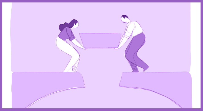 An illustration of a female-identified person standing with constructing a footbridge with a male identified person. The illustration has a purple hue.