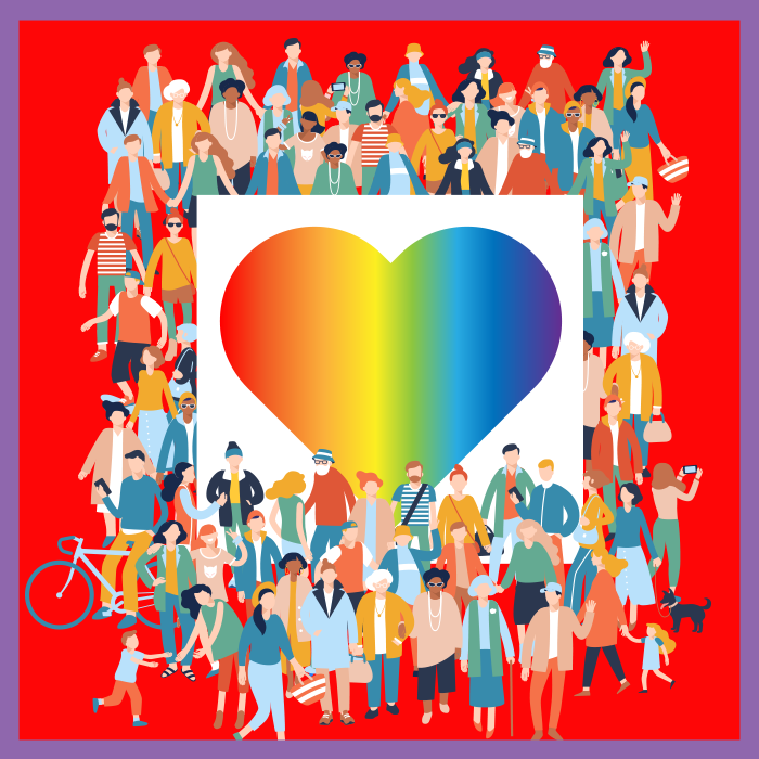 A colorful illustration of a crowd of people around a large image of a rainbow heart