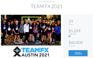 A screenshot of a webpage. The screenshot includes details about a fundraiser from the running group Team FX.
