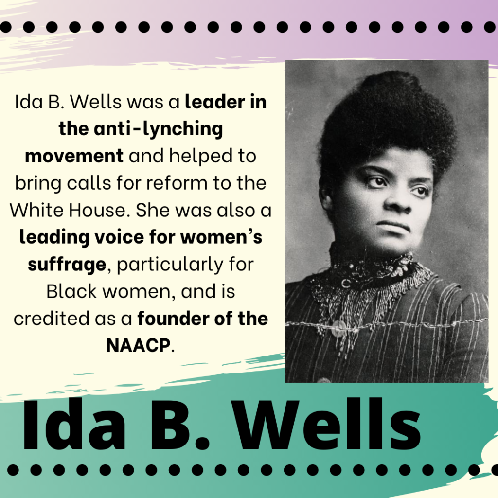 A black and white photo of Ida B. Wells, a Black woman. The image contains the words: "Ida B. Wells was a leader in the anti-lynching movement and helped to bring calls for reform to the White House. She was also a leading voice for women’s suffrage, particularly for Black women, and is credited as a founder of the NAACP. Ida B. Wells"
