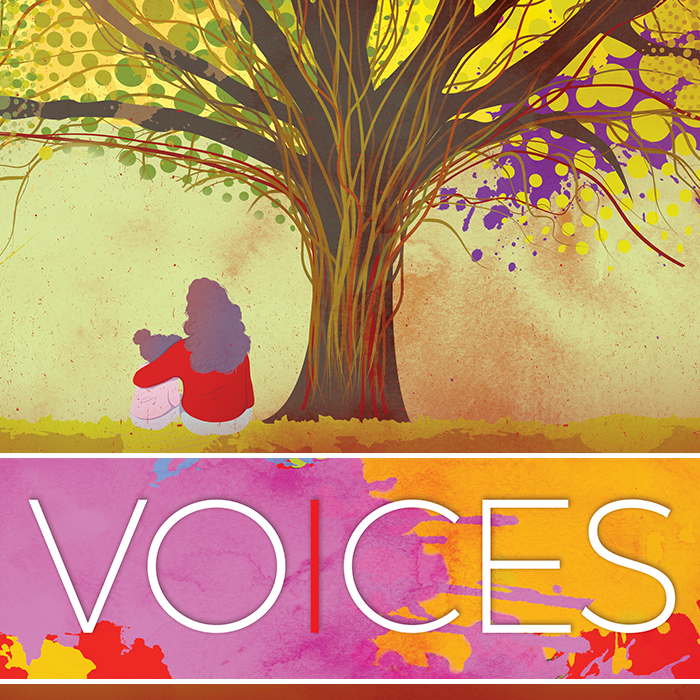 A colorful illustration of a person and their child under a tree. the word "voices" is inder the illustration in white text.