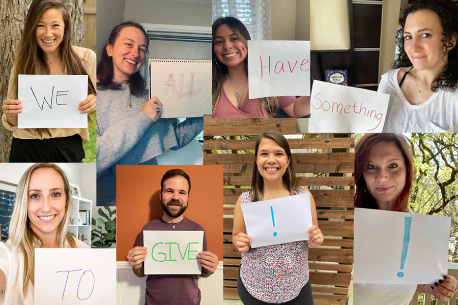 Image description: Photographs of 8 people are arranged into one image. All but one of the 8 people present as feminine. They are each holding a sign with one word (and two exclamation points) that, when read together, say: "We all have something to give ! !"