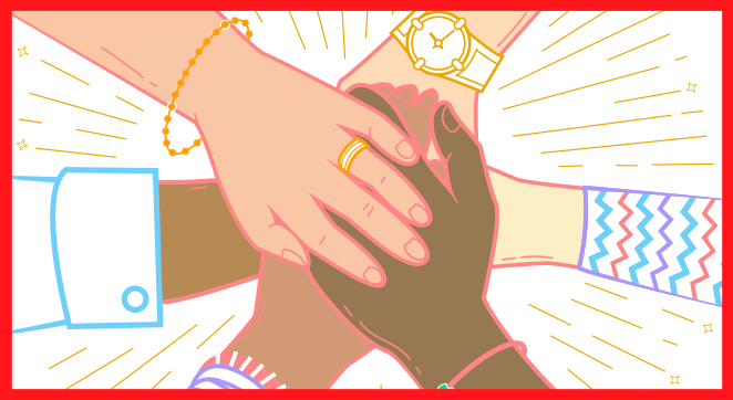 Image description: An illustration of hands all on top of one another. The hands are all of people of different races and skin colors.