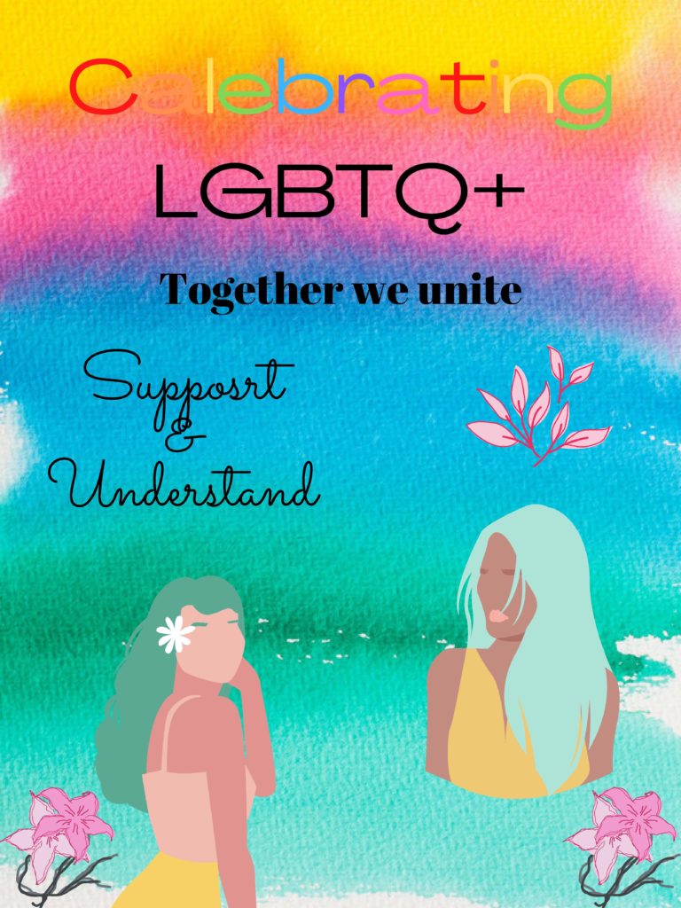 Image description: An illustration of two people with long hair. Their skin is brown and their hair are different shades of green, one lighter and one darker. The background is a beautiful rainbow of colors that appear to bleed together like water colors. The words &quot;Celebrating LGBTQ+&quot; are at the top. Under that: &quot;Together we unite.&quot; And under that: Support &amp; Understand&quot;
