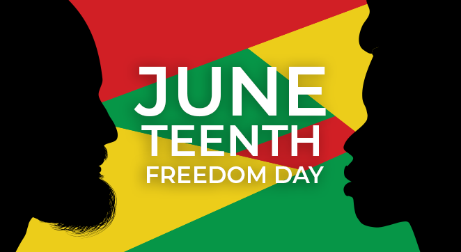 Image description: An illustration with silhouettes of the profiles of two Black/African-American faces. They are facing each other. Behind them are geometrical shapes consisting of three colors: red, green, and yellow. In the center are the words "Juneteenth Freedom Day."
