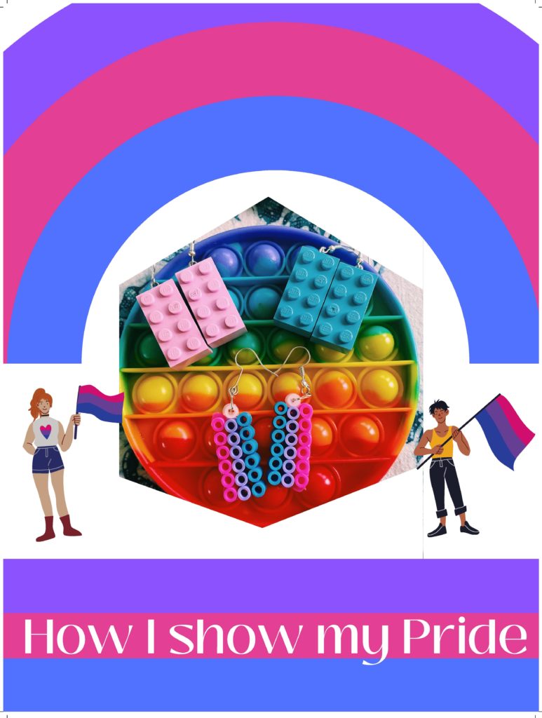 Image description: An illustration making heavy use of the bisexual flag colors. A purple, pink, and blue rainbow is at the top. Pink and blue Lego pieces are in the middle above bisexual flag beads that appear to be freestanding earrings. Illustrations of two people, one masc presenting and one femme presenting, holding bisexual flags. At the bottom are the words "How I show my Pride"