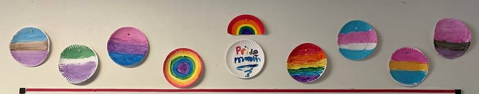 Image description: A photo of decorated paper plates for Pride Month. The plates are painted to display various Pride flags, including the trans flag, pansexual flag, bisexual flag, and variations of the Pride rainbow flag. Designs made by children at SAFE.