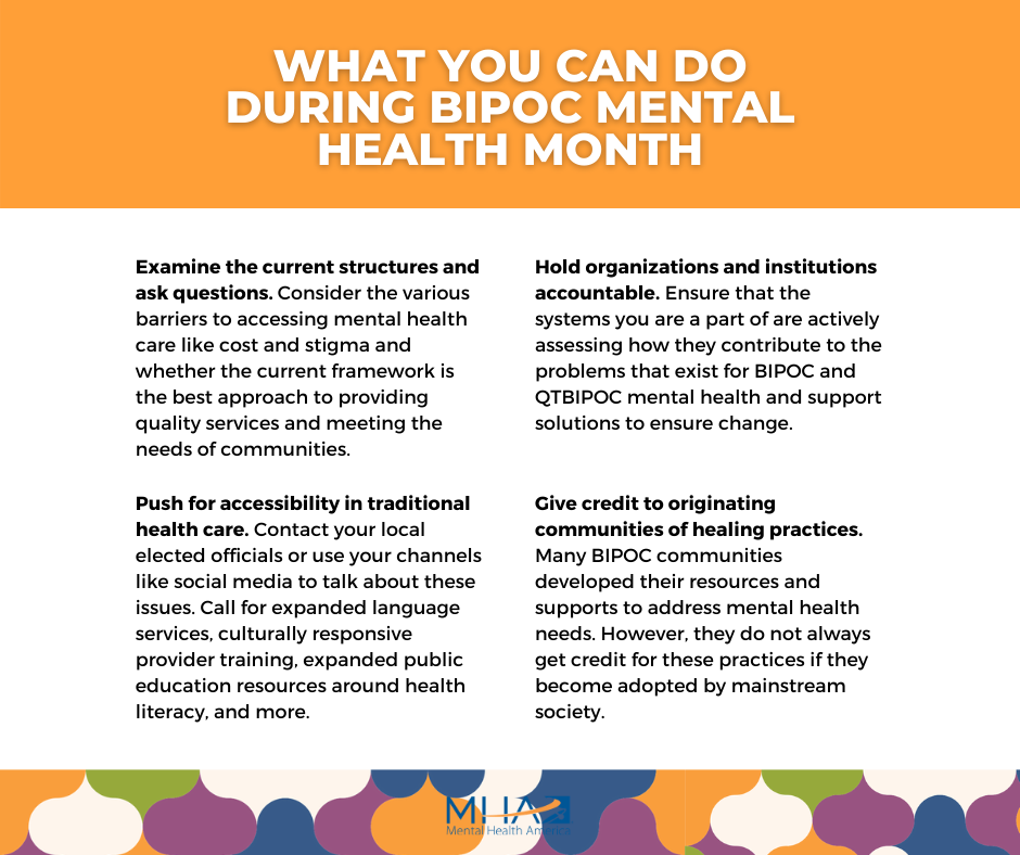 Image description: A graphic created by Mental Health America. The image is titled: "WHAT YOU CAN DO DURING BIPOC MENTAL HEALTH MONTH."