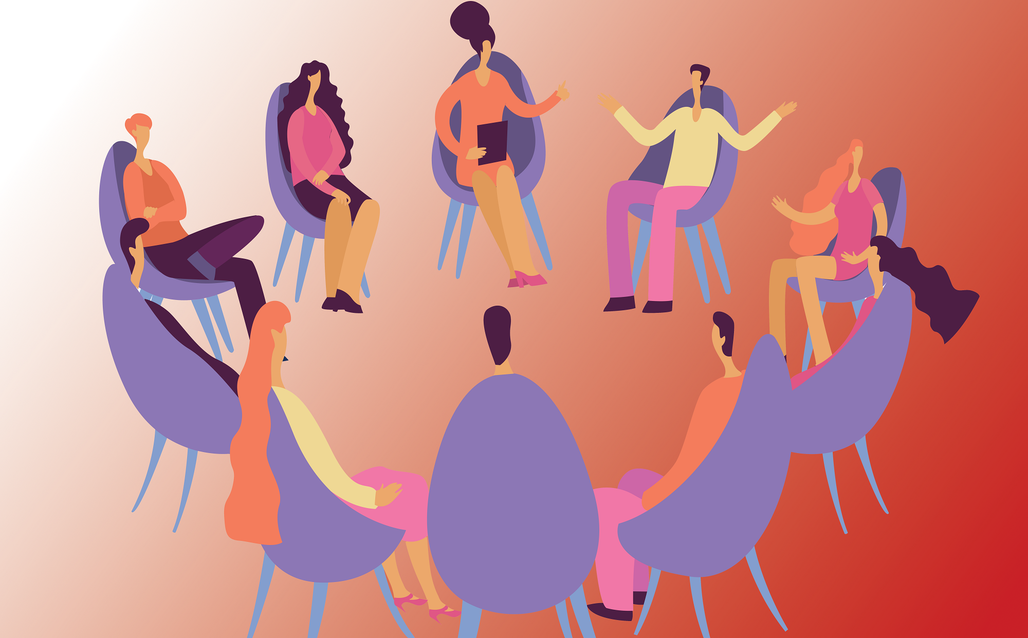 Image description: An illustration of a diverse group of people sitting in a circle. They are sitting in chairs. One person, who is masculine presenting, appears to be speaking. His arms are raised slightly. The rest are listening.