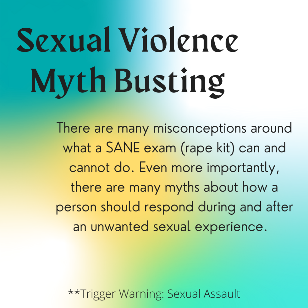 Image description: A colorful background with greens and yellows. Text reads: "Sexual violence myth busting: There are many misconceptions around what a SANE exam (rape kit) can and cannot do. Even more importantly, there are many myths about how a person should respond during and after an unwanted sexual experience. **Trigger warning: sexual assault."