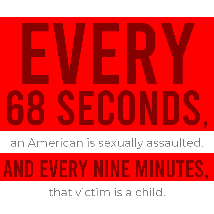 Image description: An image with the words "Every 68 seconds, an American is sexually assaulted. And every nine minutes, that victim is a child." The image is red and white.
