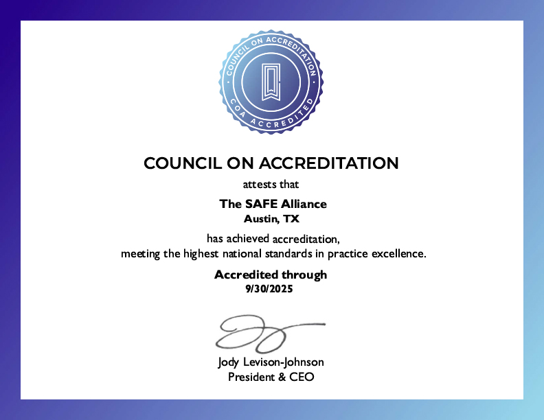 Image description: A copy of the official document recognizing SAFE's accreditation through the Council on Accreditation. The top of the image shows the council's logo.