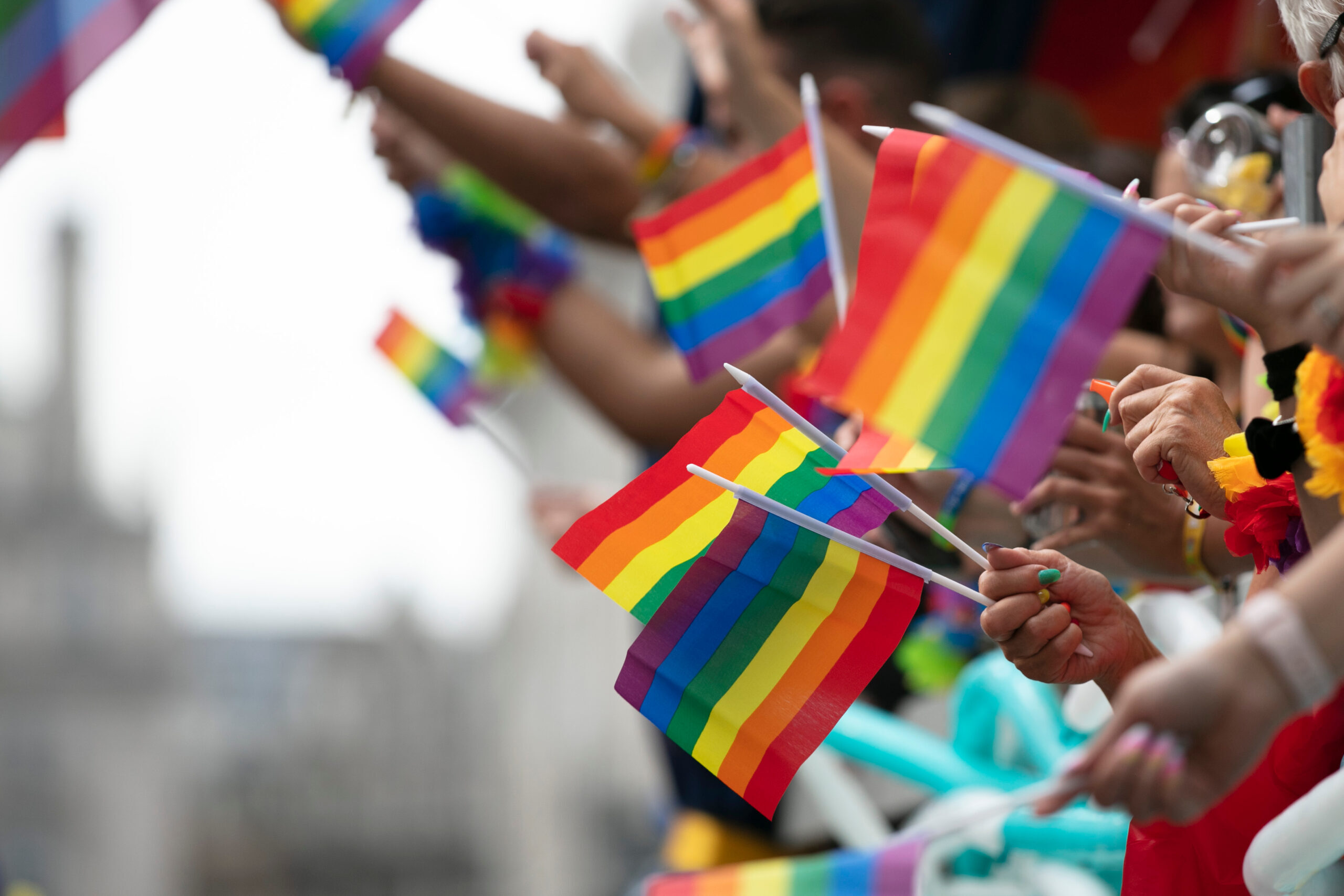 Row of people holding small pride flags.